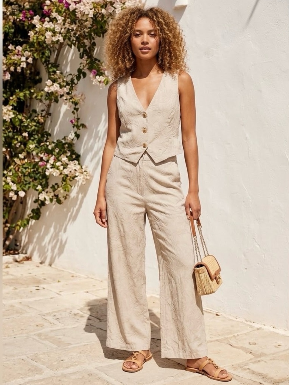 House of Harlow 1960 Cream Leaf Design Jumpsuit Set Women’s Two-Piece Set Sz XS
